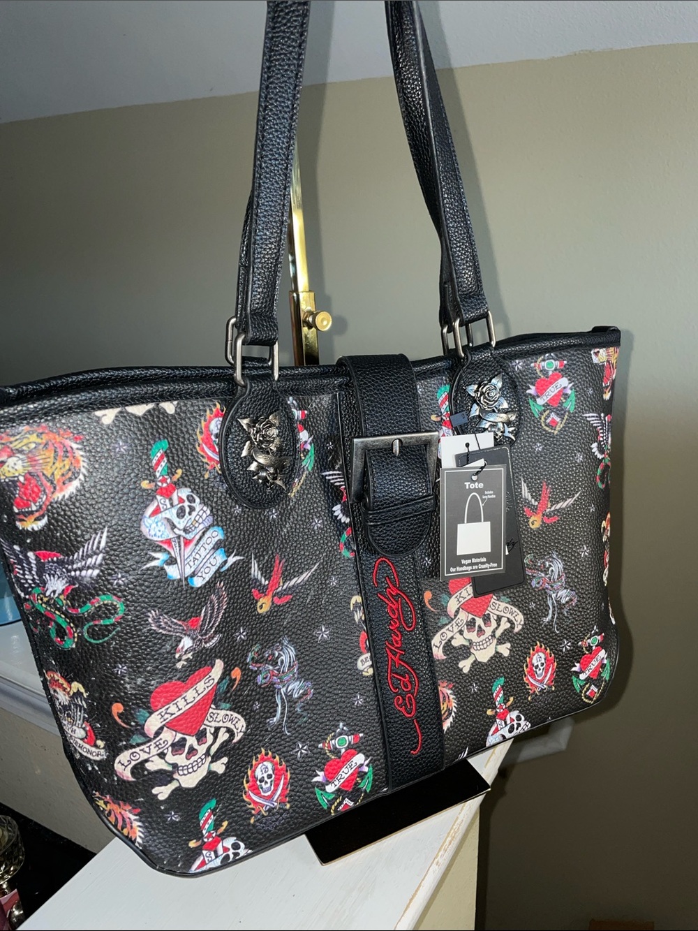 Ed Hardy Black Tattoo-Print Tote with Red Logo